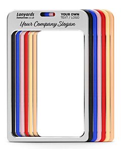 Metal A7 badge ID holder colour range with a customisable option for a single-colour printed design